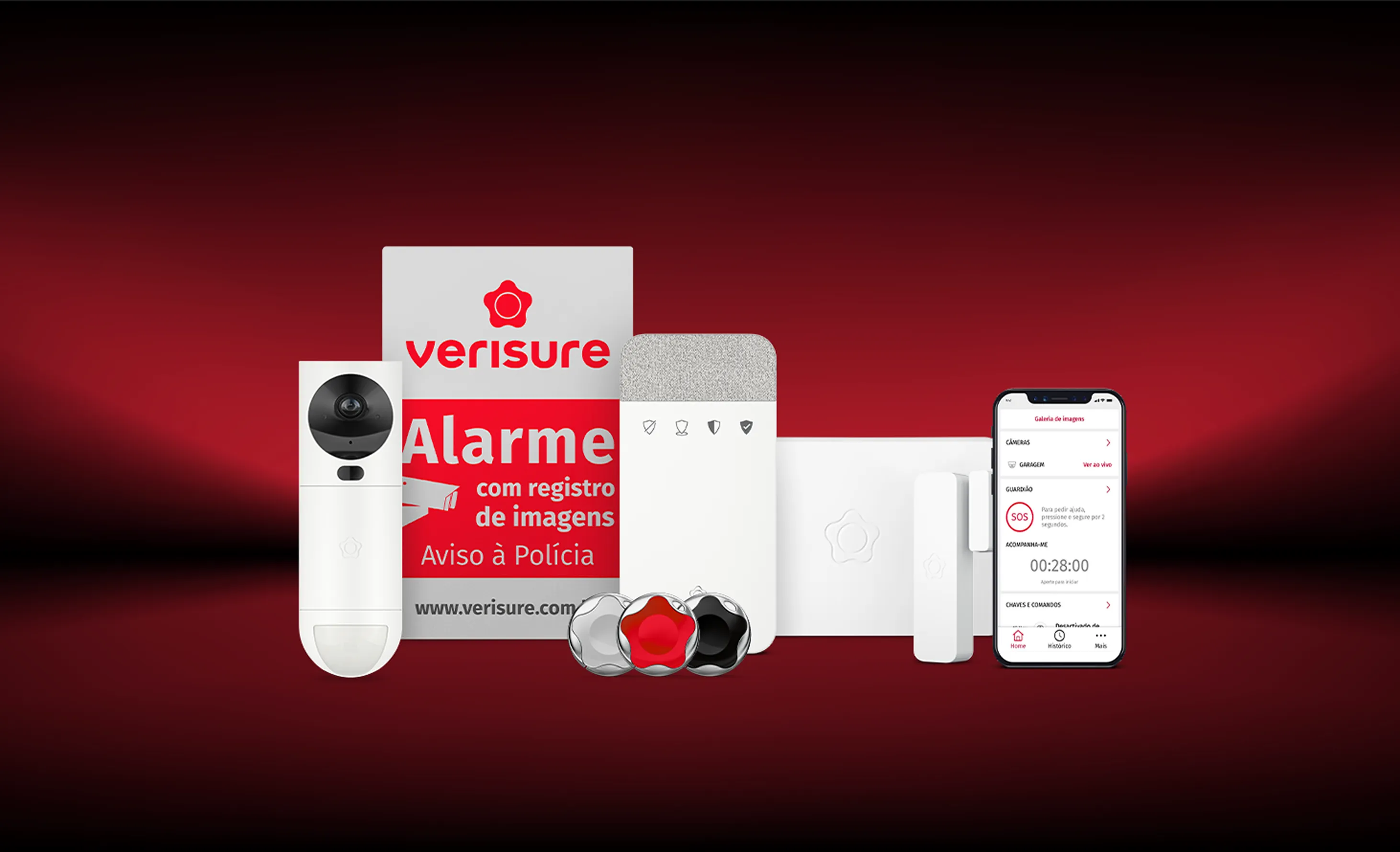 Produtos Verisure (Videomonitoramento, placa de inibição, central de alarme, unidade central, sensor de abertura, app My Verisure e chaves de acesso)