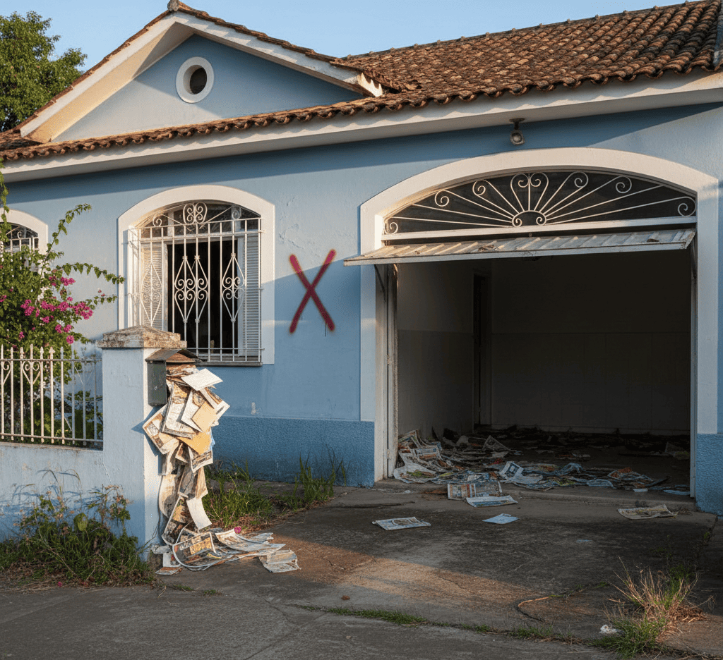 Casa azul com janela de ferro e garagem vazia, sujeira e jornais espalhados na entrada e ao lado da parede, marca de tinta vermelha em forma de X na parede.