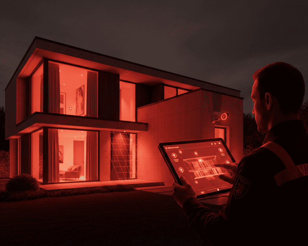 Um agente de vigilância patrimonial monitorando uma residência moderna à noite usando um tablet.